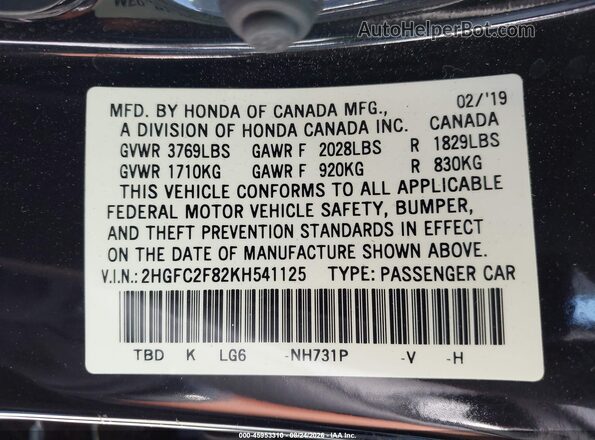 2HGFC2F82KH541125 2019 HONDA CIVIC Black Engine compartment view