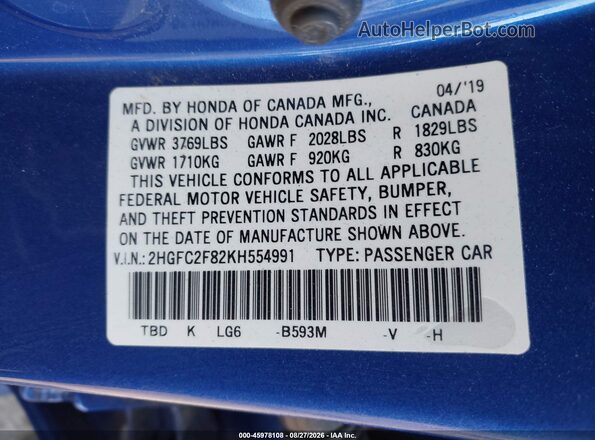 2HGFC2F82KH554991 2019 HONDA CIVIC Blue ძრავის განყოფილების ხედი