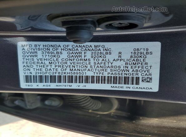 2HGFC2F82KH589501 2019 HONDA CIVIC Gray Вид підкапотного простору