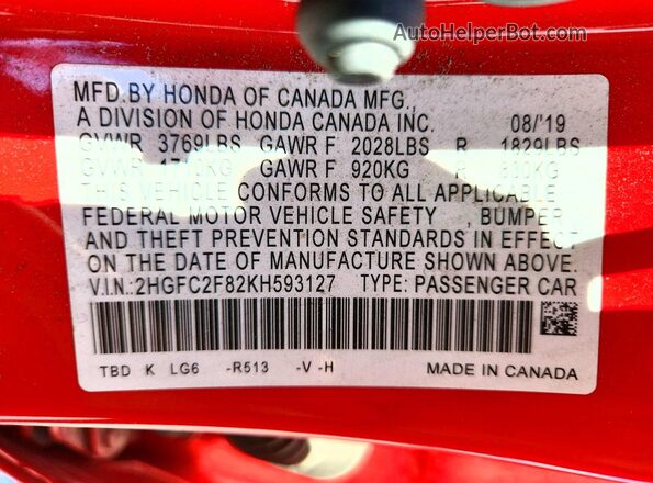 2HGFC2F82KH593127 2019 HONDA CIVIC Red Engine compartment view