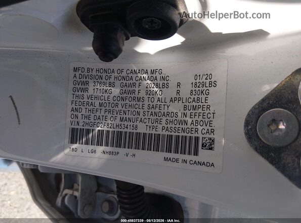 2HGFC2F82LH534158 2020 HONDA CIVIC White Engine compartment view