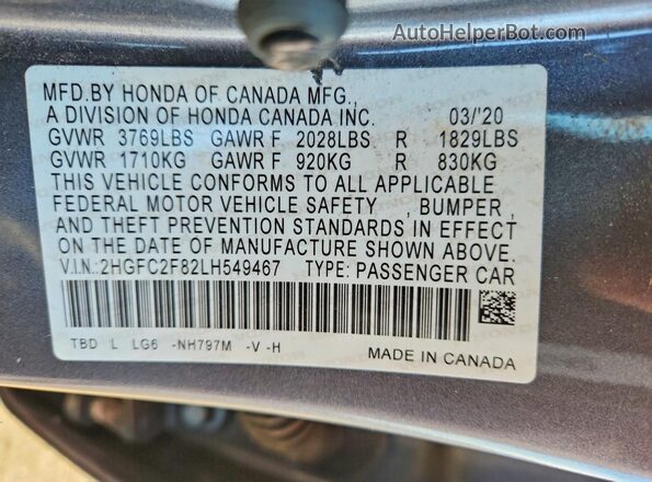 2HGFC2F82LH549467 2020 HONDA CIVIC Gray Widok komory silnika