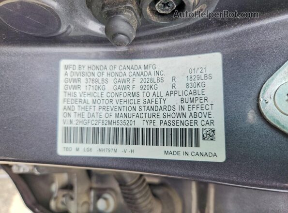 2HGFC2F82MH535201 2021 HONDA CIVIC Gray ძრავის განყოფილების ხედი