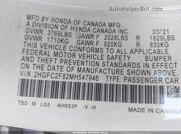 2HGFC2F82MH547946 2021 HONDA CIVIC White Widok komory silnika