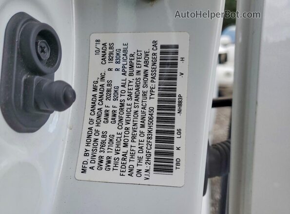 2HGFC2F83KH506450 2019 HONDA CIVIC White Շարժիչի բաժամունքի տեսք