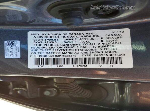 2HGFC2F83KH528349 2019 HONDA CIVIC Charcoal Vista del compartimento del motor