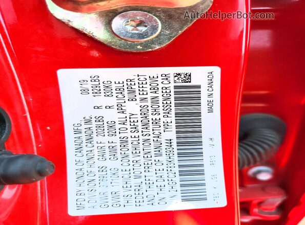 2HGFC2F83KH593444 2019 HONDA CIVIC Красный Вид подкапотного пространства