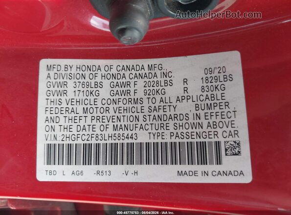 2HGFC2F83LH585443 2020 HONDA CIVIC Red Engine compartment view