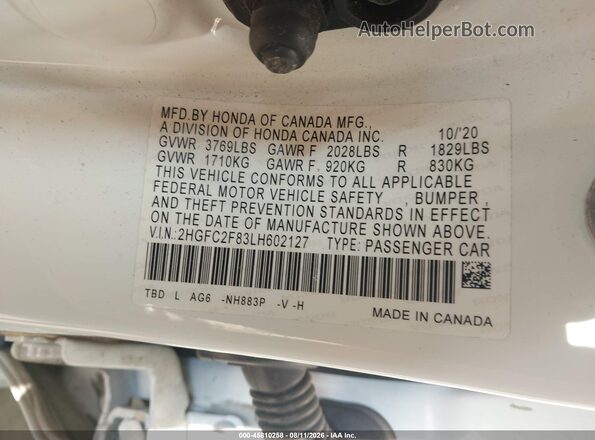 2HGFC2F83LH602127 2020 HONDA CIVIC Белый Вид подкапотного пространства