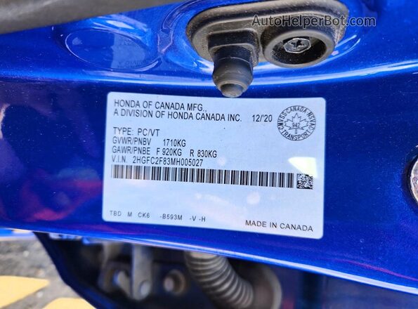 2HGFC2F83MH005027 2021 HONDA CIVIC Blue Engine compartment view