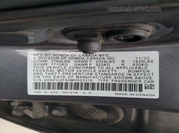 2HGFC2F83MH523316 2021 HONDA CIVIC Blue 