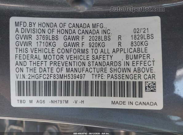 2HGFC2F83MH539497 2021 HONDA CIVIC Серый Вид подкапотного пространства