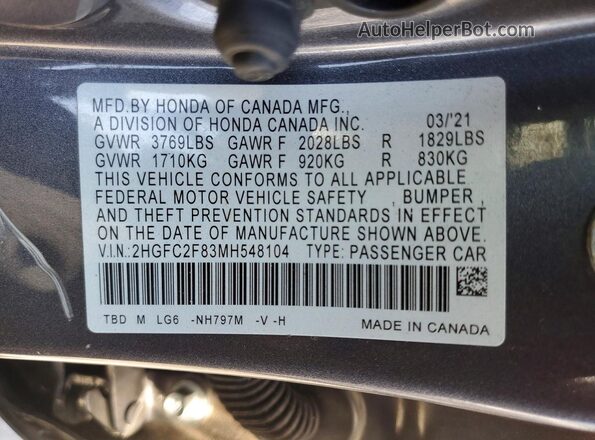 2HGFC2F83MH548104 2021 HONDA CIVIC Charcoal ძრავის განყოფილების ხედი