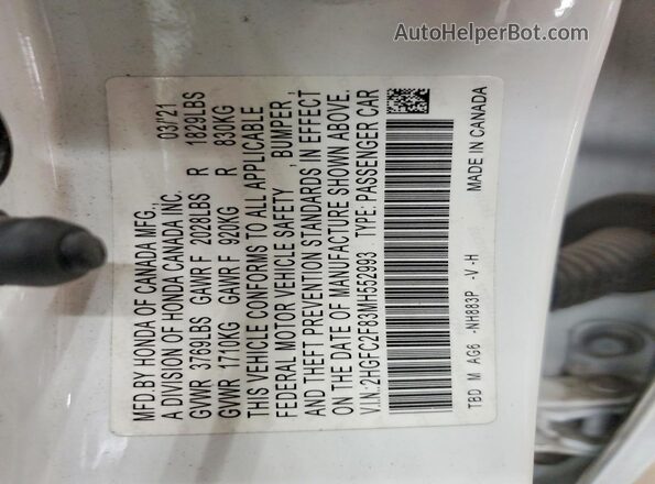 2HGFC2F83MH552993 2021 HONDA CIVIC Белый Вид подкапотного пространства