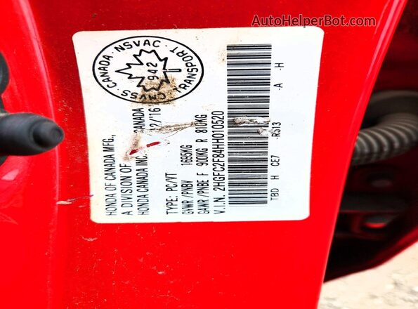 2HGFC2F84HH010520 2017 HONDA CIVIC Red Շարժիչի բաժամունքի տեսք