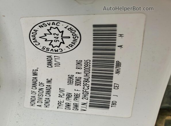 2HGFC2F84JH000995 2018 HONDA CIVIC White Вид підкапотного простору