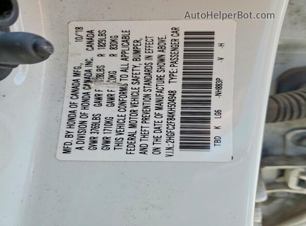 2HGFC2F84KH504948 2019 HONDA CIVIC White Widok komory silnika