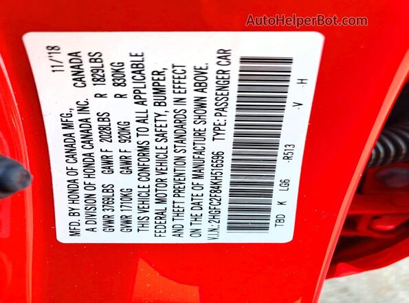 2HGFC2F84KH516596 2019 HONDA CIVIC Red VIN sticker view