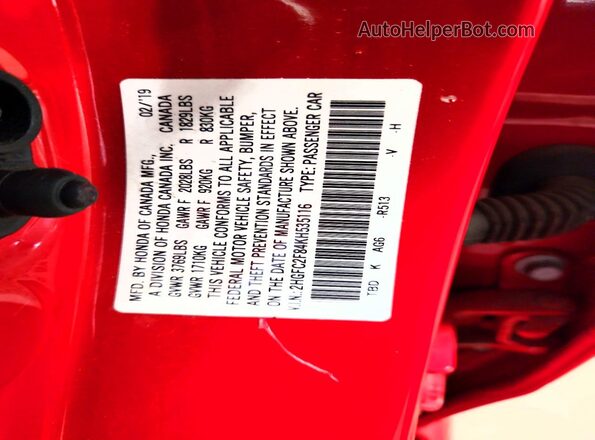 2HGFC2F84KH535116 2019 HONDA CIVIC Red VIN კოდის სტიკერის ხედი