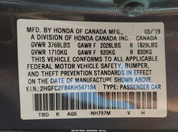 2HGFC2F84KH547184 2019 HONDA CIVIC Gray Вид підкапотного простору