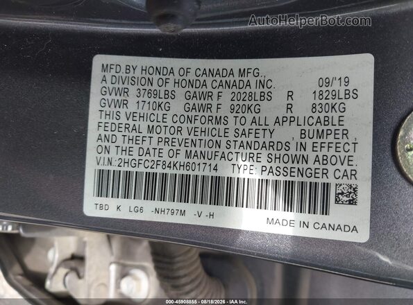 2HGFC2F84KH601714 2019 HONDA CIVIC Gray ძრავის განყოფილების ხედი