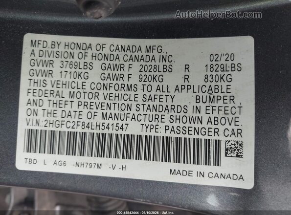 2HGFC2F84LH541547 2020 HONDA CIVIC Gray Engine compartment view