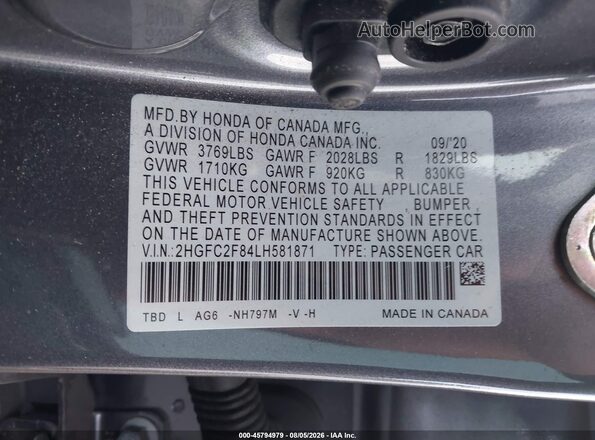 2HGFC2F84LH581871 2020 HONDA CIVIC Gray Vista del compartimento del motor