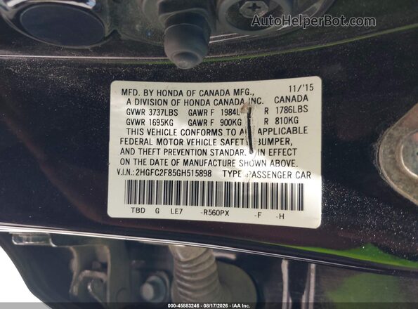 2HGFC2F85GH515898 2016 HONDA CIVIC Black Widok komory silnika