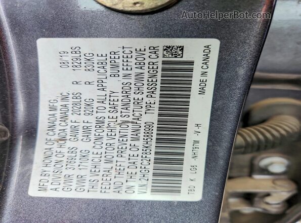2HGFC2F85KH588990 2019 HONDA CIVIC Gray Вид підкапотного простору