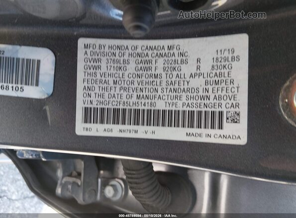 2HGFC2F85LH514180 2020 HONDA CIVIC Gray Вид підкапотного простору