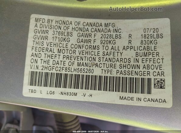 2HGFC2F85LH565260 2020 HONDA CIVIC Silver Engine compartment view