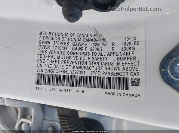 2HGFC2F85LH597321 2020 HONDA CIVIC White Engine compartment view