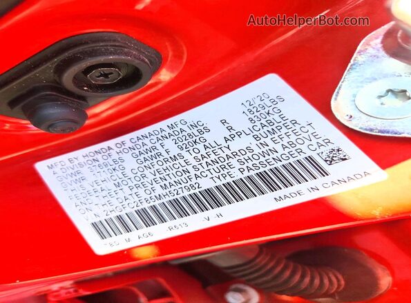 2HGFC2F85MH527982 2021 HONDA CIVIC Red Շարժիչի բաժամունքի տեսք