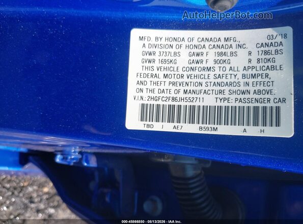 2HGFC2F86JH552711 2018 HONDA CIVIC Blue Вид підкапотного простору