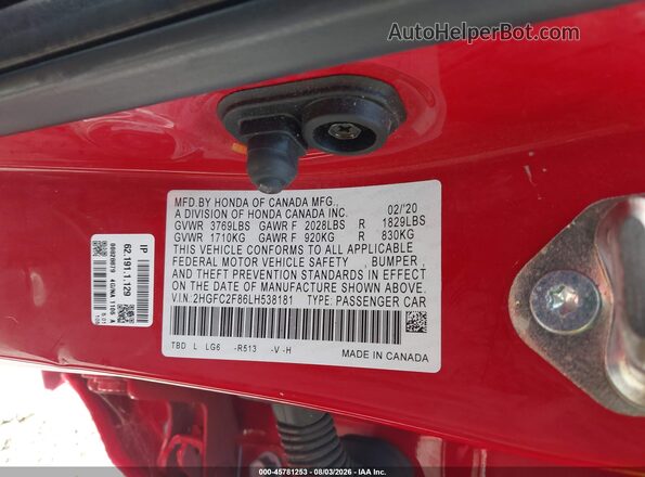 2HGFC2F86LH538181 2020 HONDA CIVIC Red Շարժիչի բաժամունքի տեսք