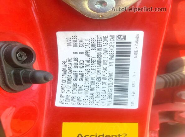 2HGFC2F86LH567017 2020 HONDA CIVIC Red Շարժիչի բաժամունքի տեսք