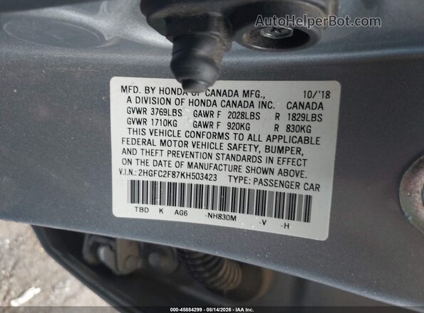 2HGFC2F87KH503423 2019 HONDA CIVIC Silver Widok komory silnika