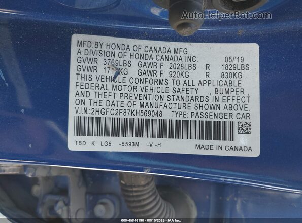 2HGFC2F87KH569048 2019 HONDA CIVIC Blue Շարժիչի բաժամունքի տեսք