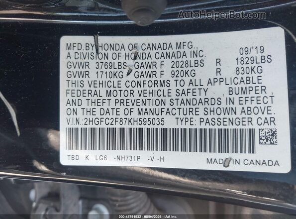 2HGFC2F87KH595035 2019 HONDA CIVIC Black Շարժիչի բաժամունքի տեսք
