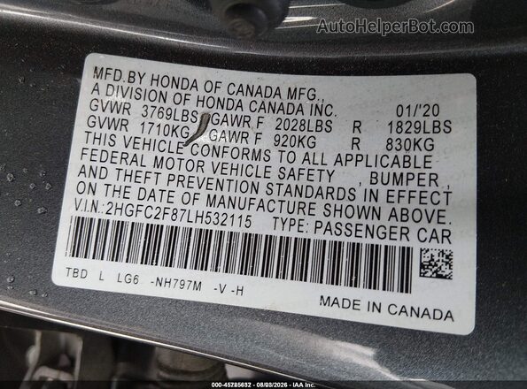 2HGFC2F87LH532115 2020 HONDA CIVIC  Widok komory silnika