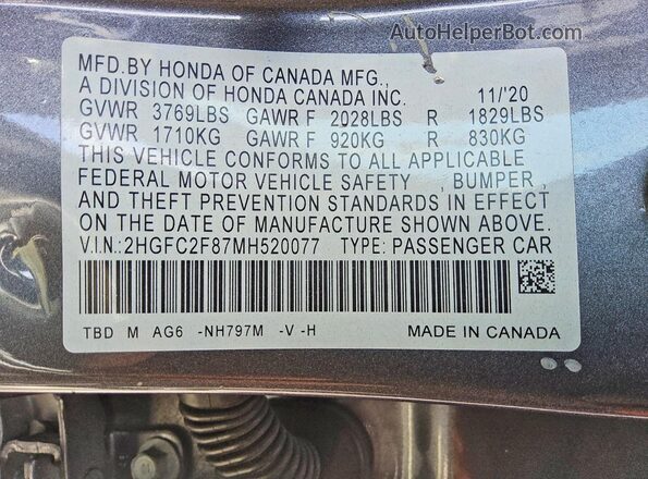 2HGFC2F87MH520077 2021 HONDA CIVIC Gray ძრავის განყოფილების ხედი