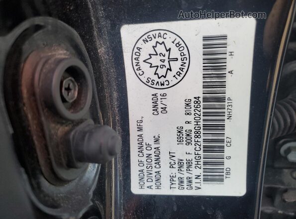 2HGFC2F88GH022684 2016 HONDA CIVIC Black Вид наклейки з VIN-кодом