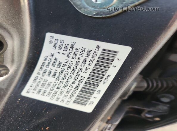 2HGFC2F88KH502832 2019 HONDA CIVIC Gray Вид підкапотного простору