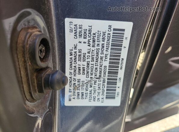2HGFC2F88KH540559 2019 HONDA CIVIC Gray Вид наклейки з VIN-кодом
