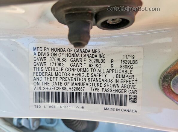 2HGFC2F88LH520667 2020 HONDA CIVIC White Widok komory silnika