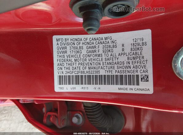 2HGFC2F88LH522385 2020 HONDA CIVIC Red ძრავის განყოფილების ხედი