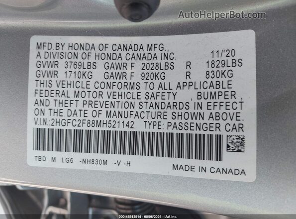 2HGFC2F88MH521142 2021 HONDA CIVIC Silver Շարժիչի բաժամունքի տեսք