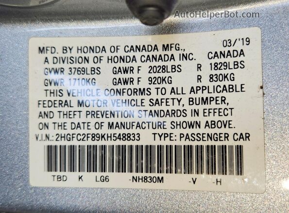 2HGFC2F89KH548833 2019 HONDA CIVIC Silver VIN կոդի պիտակի տեսք