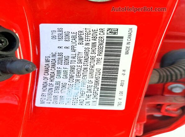2HGFC2F89KH572243 2019 HONDA CIVIC Red Engine compartment view