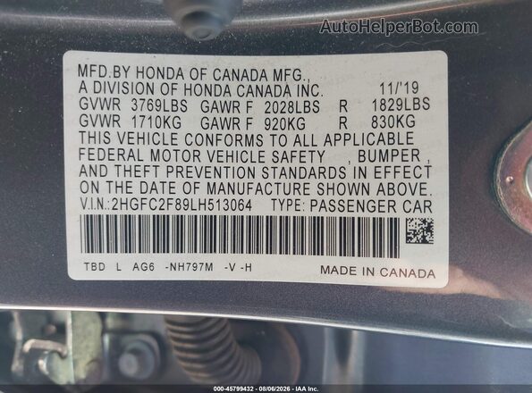 2HGFC2F89LH513064 2020 HONDA CIVIC Gray Շարժիչի բաժամունքի տեսք